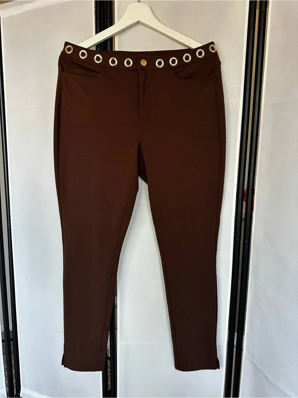 Michael Kors Chocolate Brown Ponte Skinny Pants with Grommet Detail